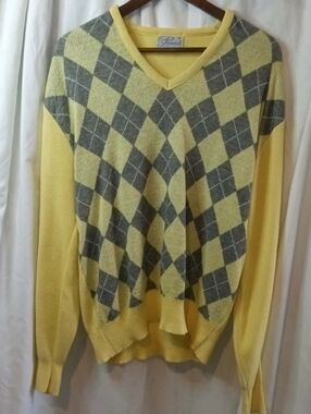 Vintage 50s 60s Mad Men Yellow Argyle Crewneck Sweater Pinnacle Orlon Professor